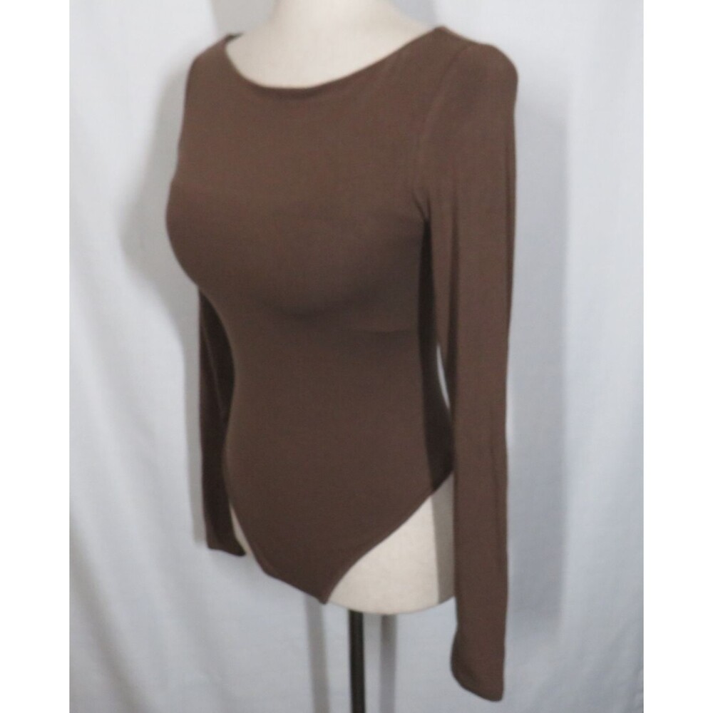 OGL Brown Soft Stretchy Long Sleeve Thong Padded Brami Bodysuit Size Small - Picture 4 of 7